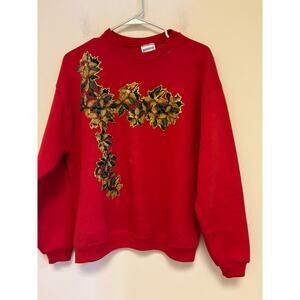 Vintage 80s/90s Cheetah Mervyn’s Red Christmas Sweatshirt Poinsettia Size M